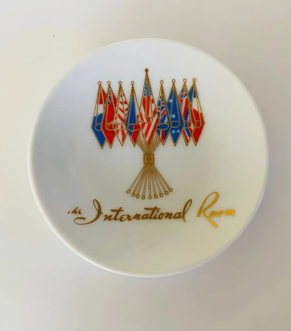 VINTAGE Airport International Room Red & Blue Porcelain 4 in Plate Butter Dish